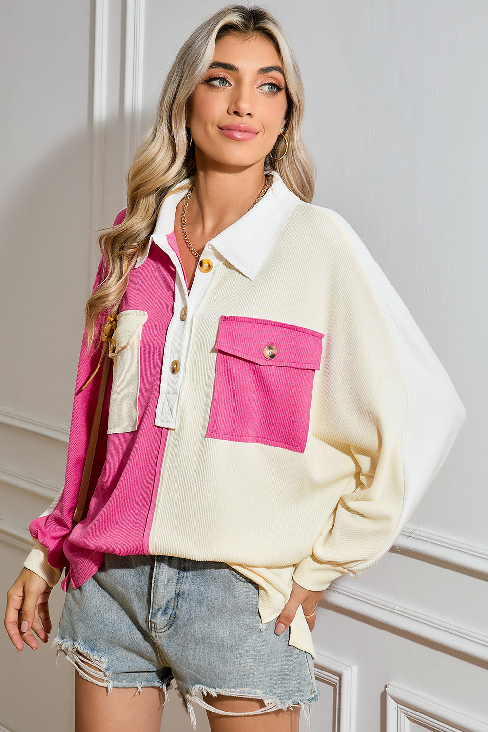 Pink Colorblock Patchwork Ribbed Oversized Sweatshirt