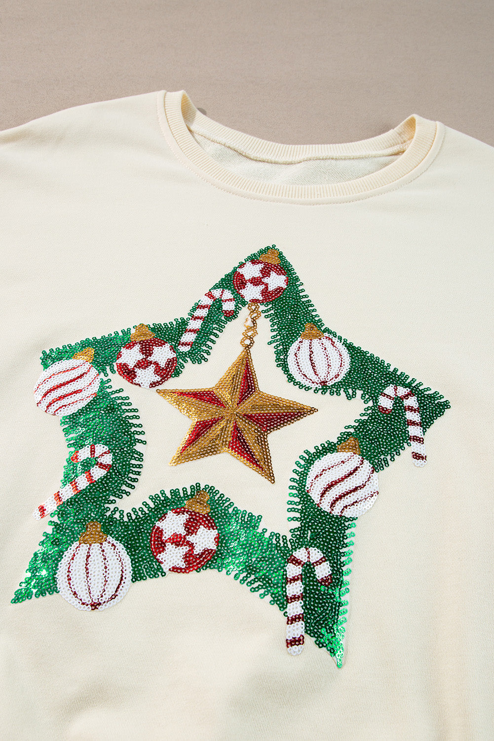 Apricot Sequin Christmas Star Color Block Sleeve Side Slits Sweatshirt