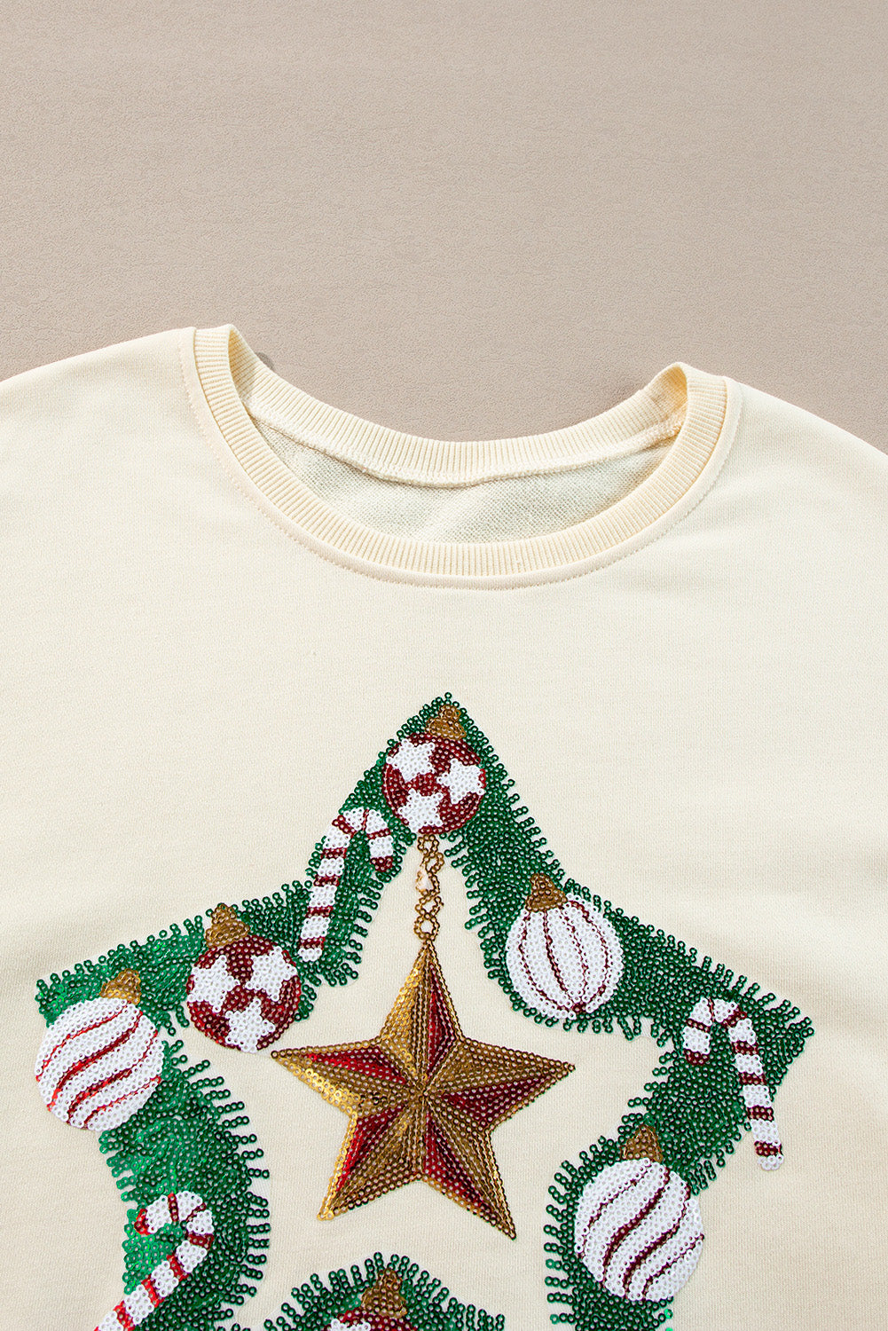 Apricot Sequin Christmas Star Color Block Sleeve Side Slits Sweatshirt