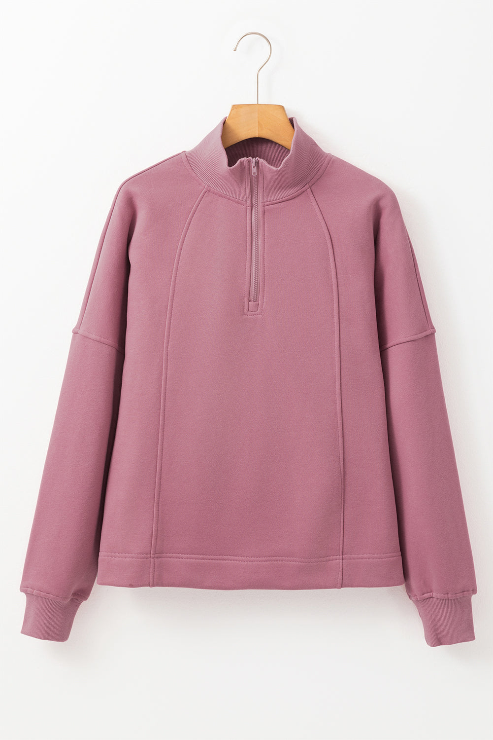 Fushia Zipper Collared Drop Shoulder Plain Sweatshirt