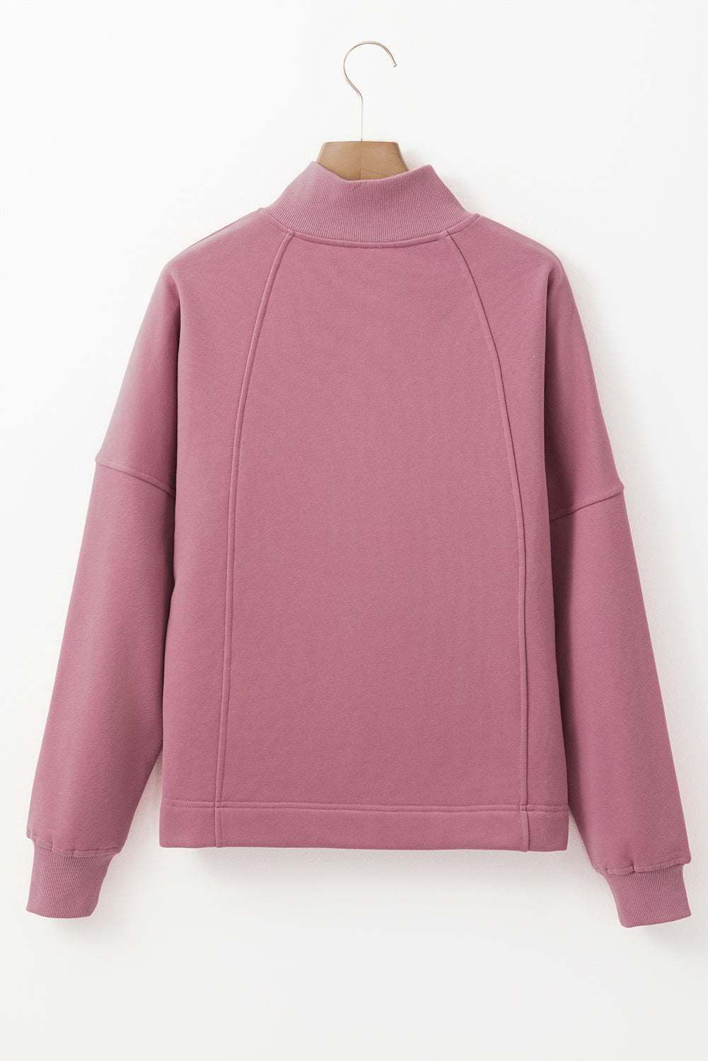 Fushia Zipper Collared Drop Shoulder Plain Sweatshirt