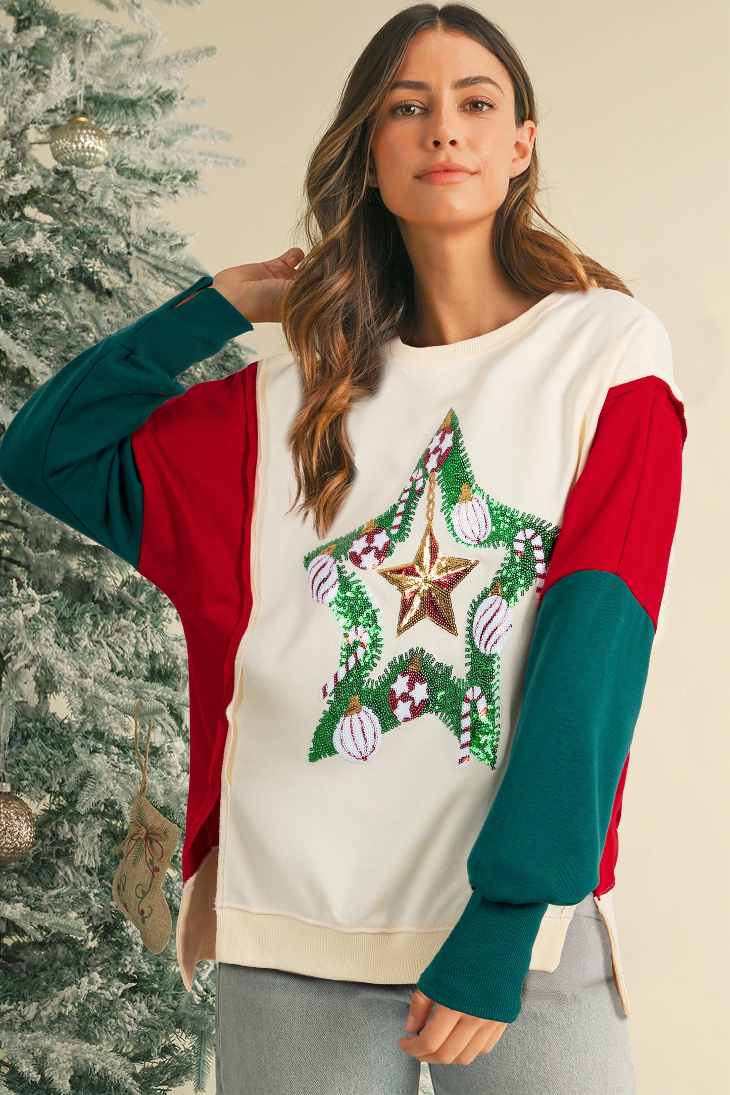 Apricot Sequin Christmas Star Color Block Sleeve Side Slits Sweatshirt