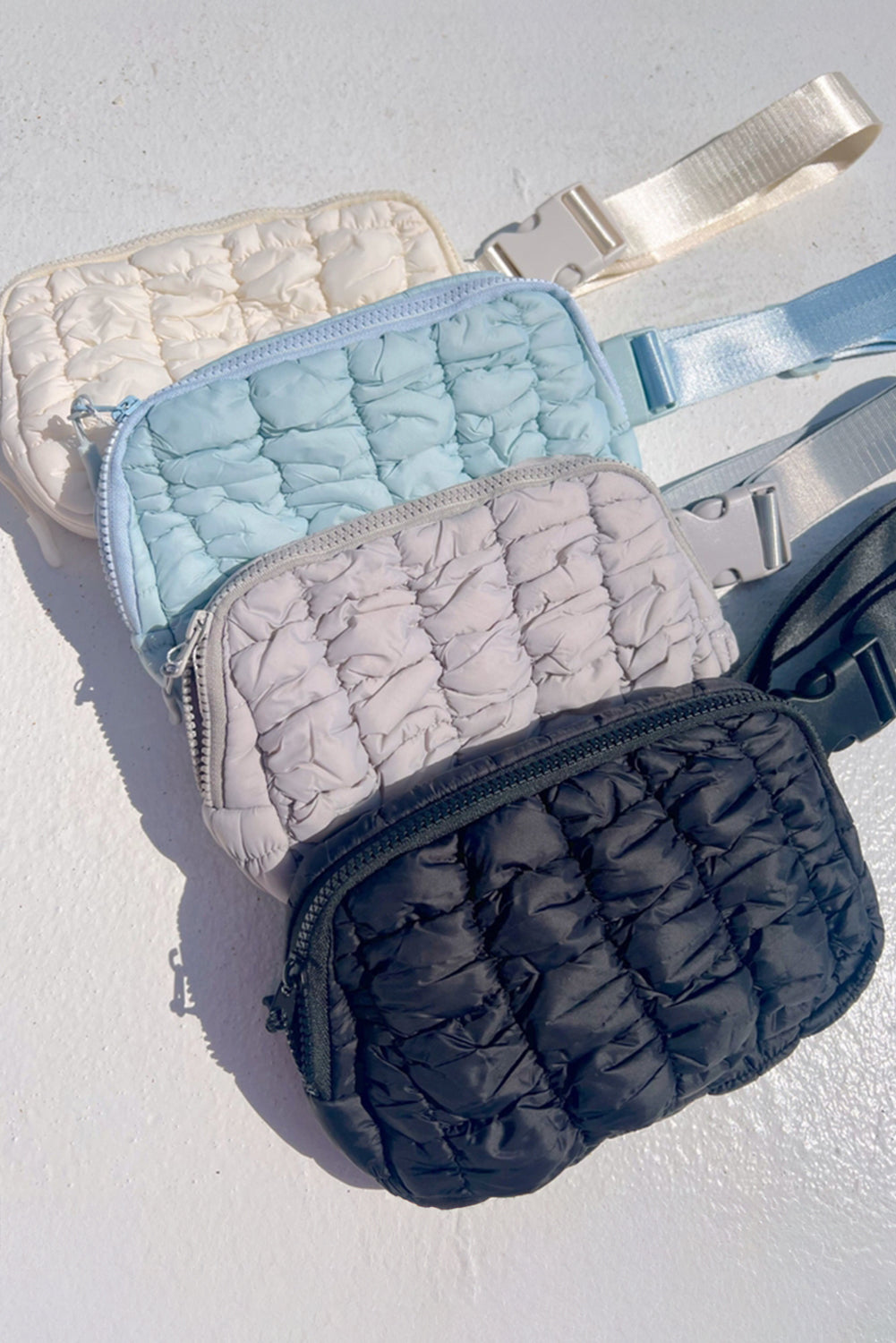 White Quilted Puffer Belt Zipper Crossbody Bags