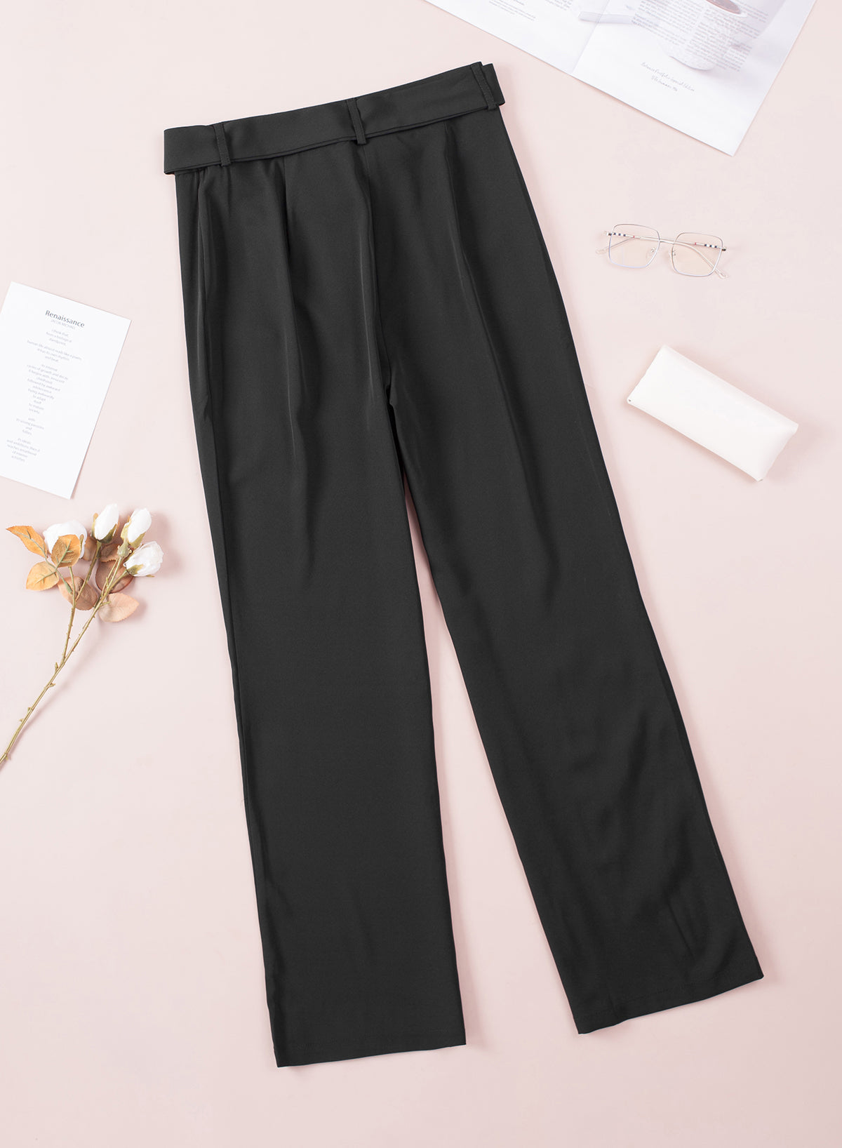 Black Casual Belted Wide Leg High Waisted Pants