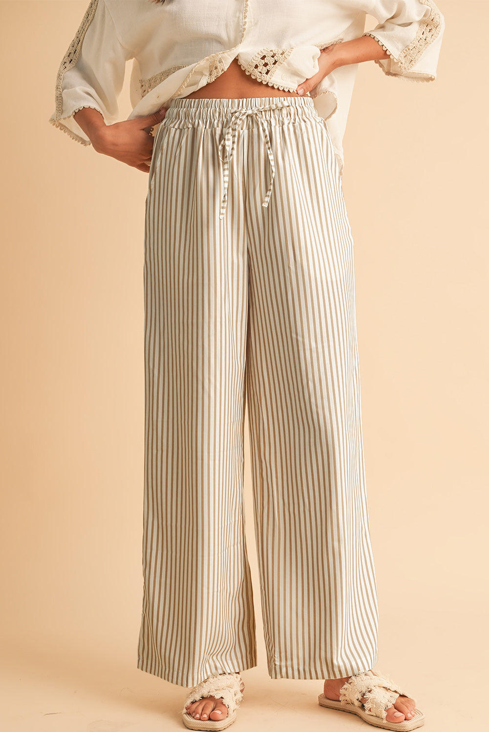 Khaki Striped Drawstring Waist Loose Pants