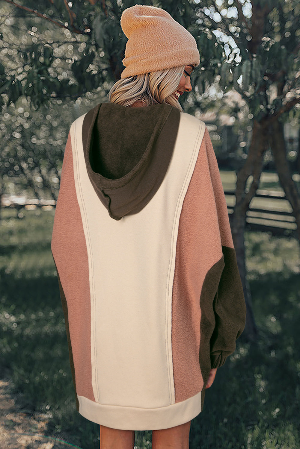 Beige Patchwork High Low Oversized Hoodie