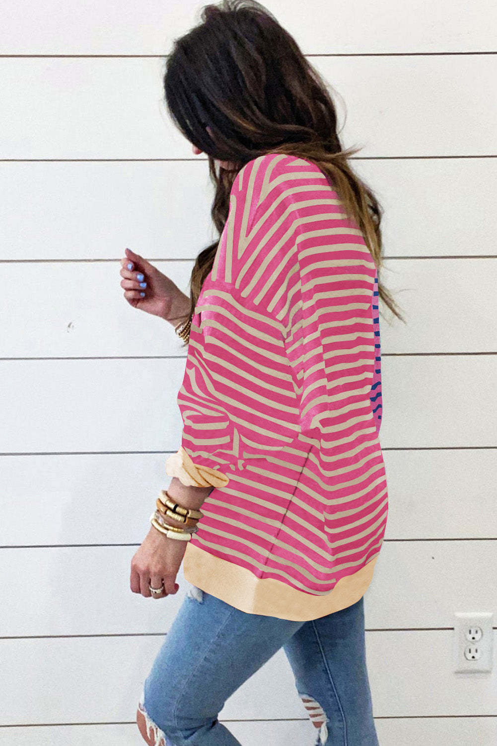 Green Stripe Colorblock Drop Shoulder Oversized Sweatshirt