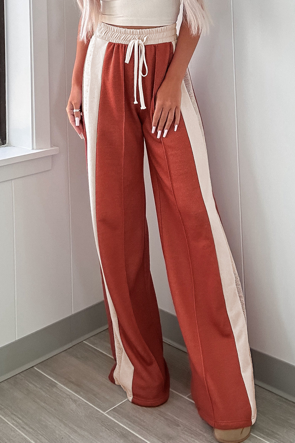 Flamingo Color Block Drawstring High Waist Wide Leg Pocket Pants