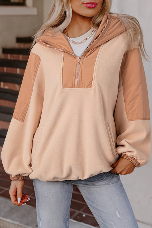 Light French Beige Patchwork Half Zip Oversized Sherpa Hoodie