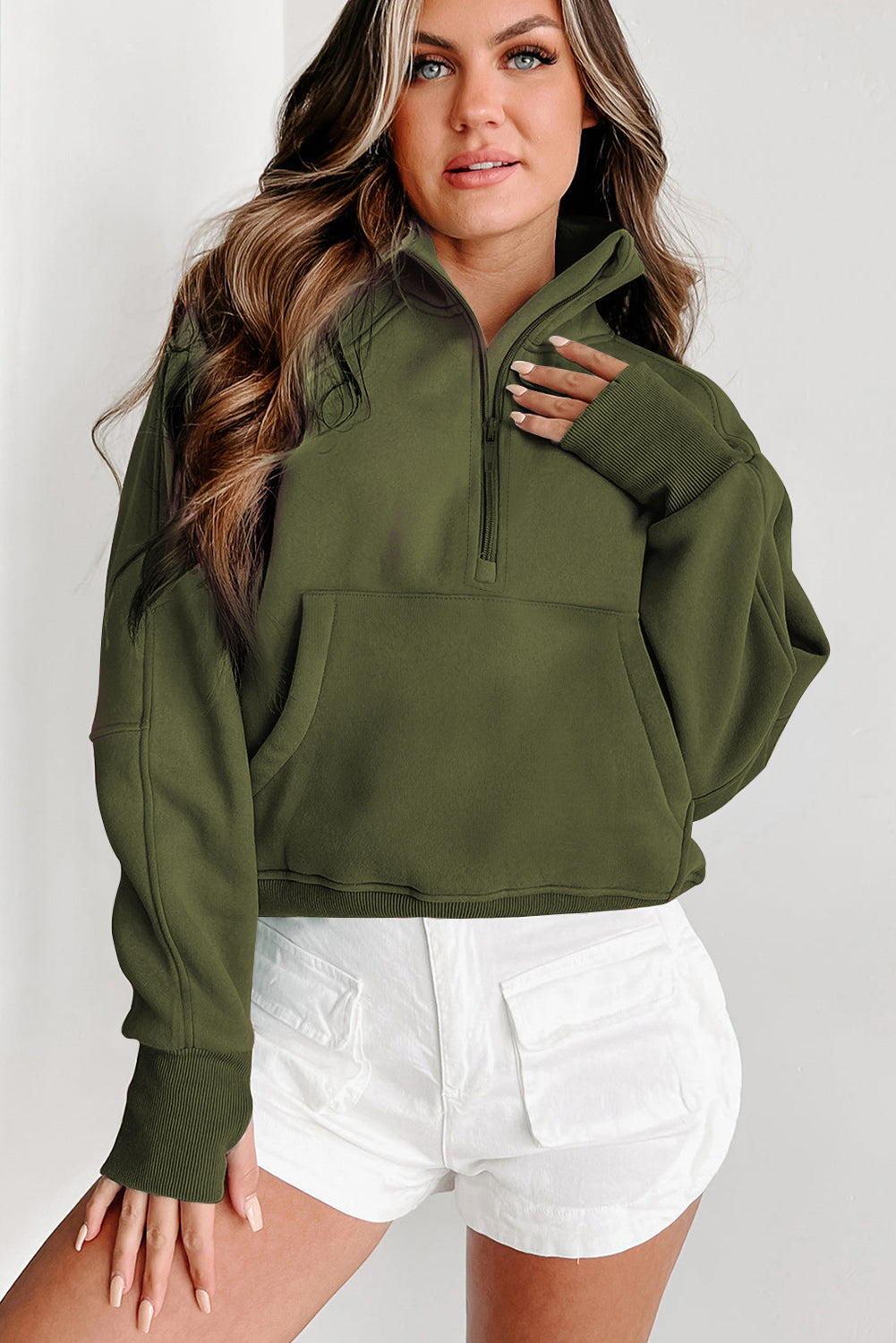 Parchment Zip Up Stand Collar Ribbed Thumbhole Sleeve Sweatshirt