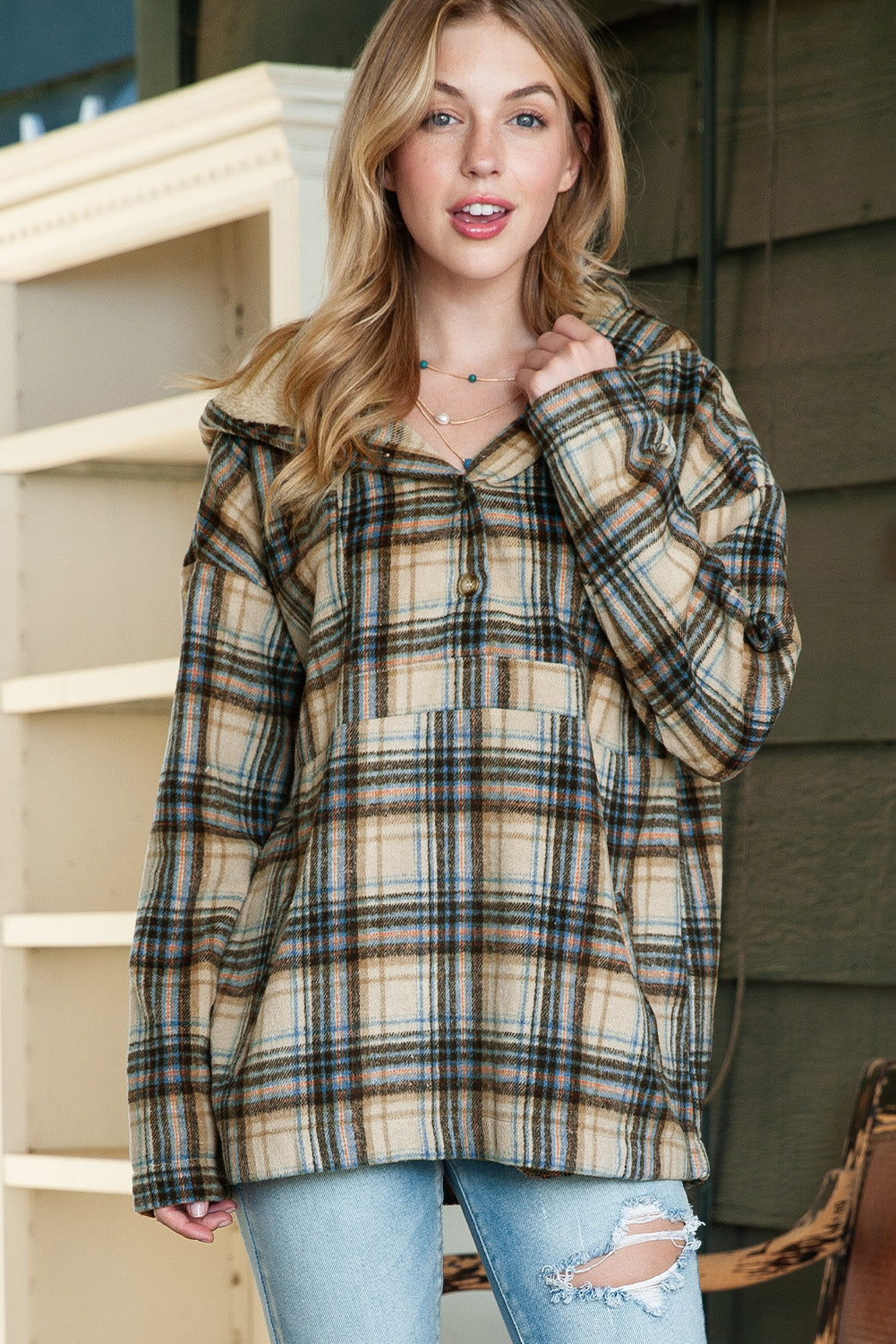 Khaki Plaid Button Neck Pocketed Pullover Hoodie