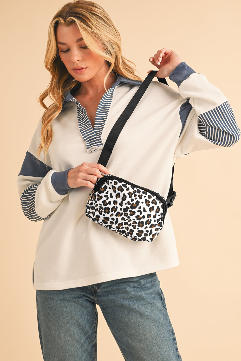 White Leopard Print Zip Up Crossbody Bag