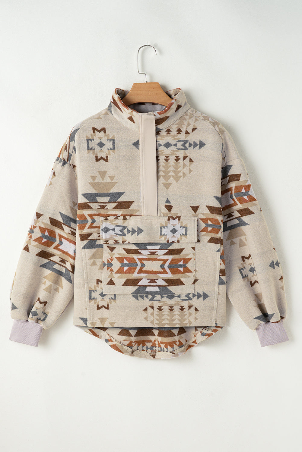 Apricot Geometric Print Collared Flap Pocket Sweatshirt