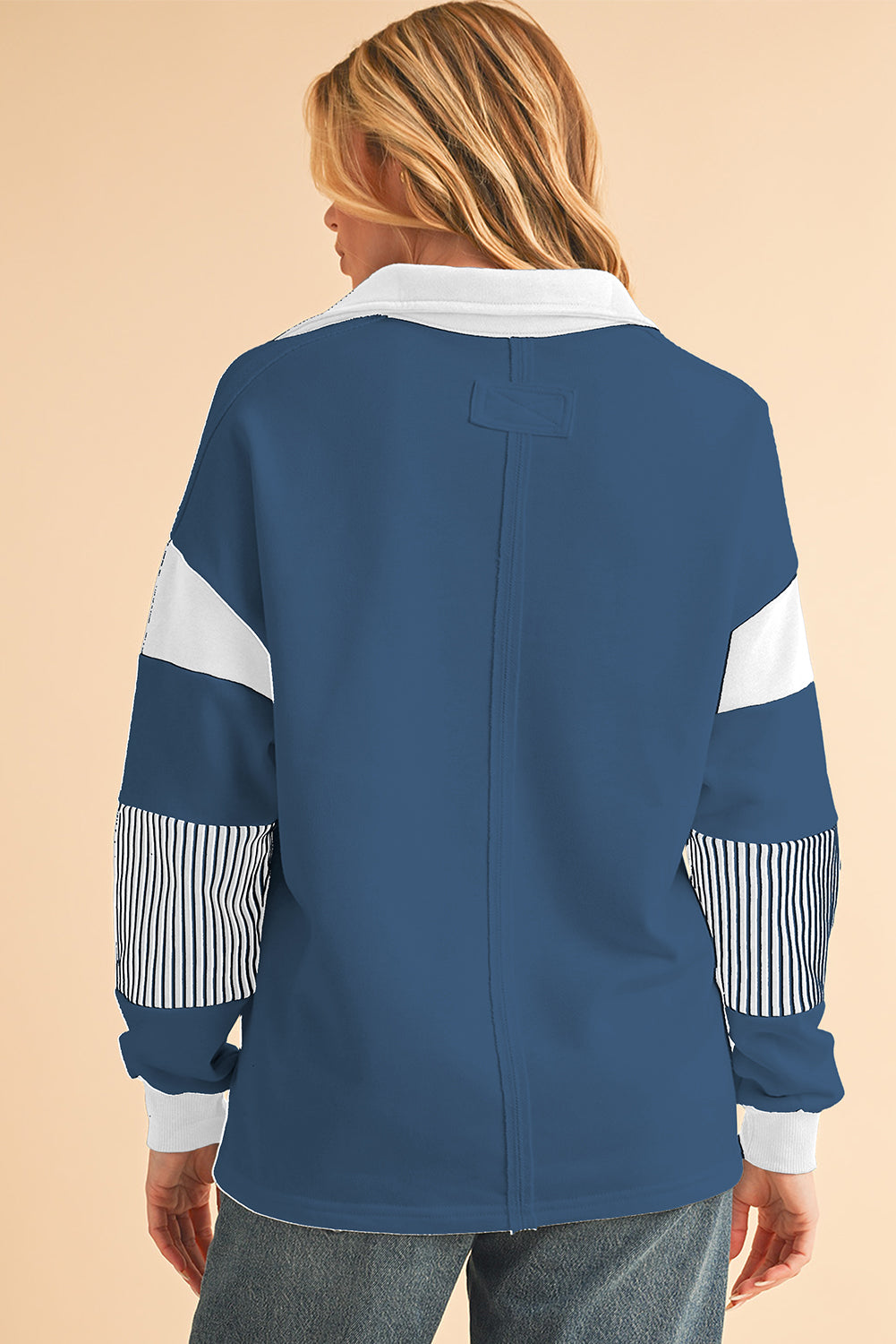 Dark Blue Striped Patchwork Collar Sweatshirt