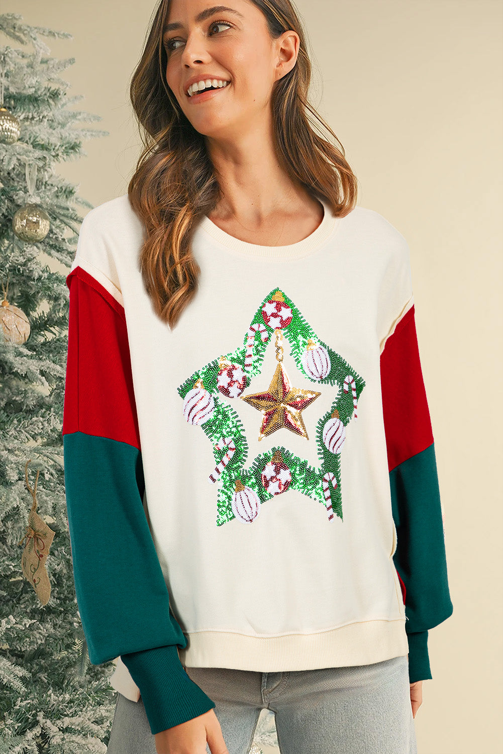 Apricot Sequin Christmas Star Color Block Sleeve Side Slits Sweatshirt