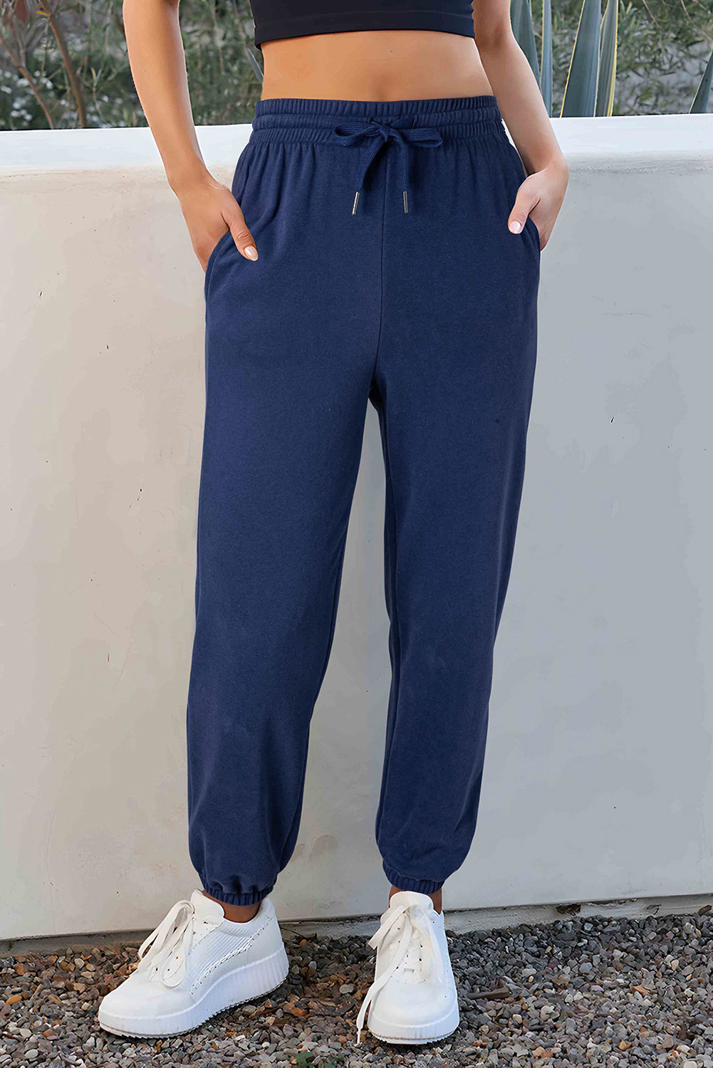 Navy Blue Plain Fleece Lined Drawstring Waist Joggers