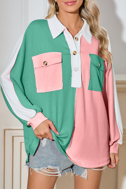 Pink Colorblock Patchwork Ribbed Oversized Sweatshirt