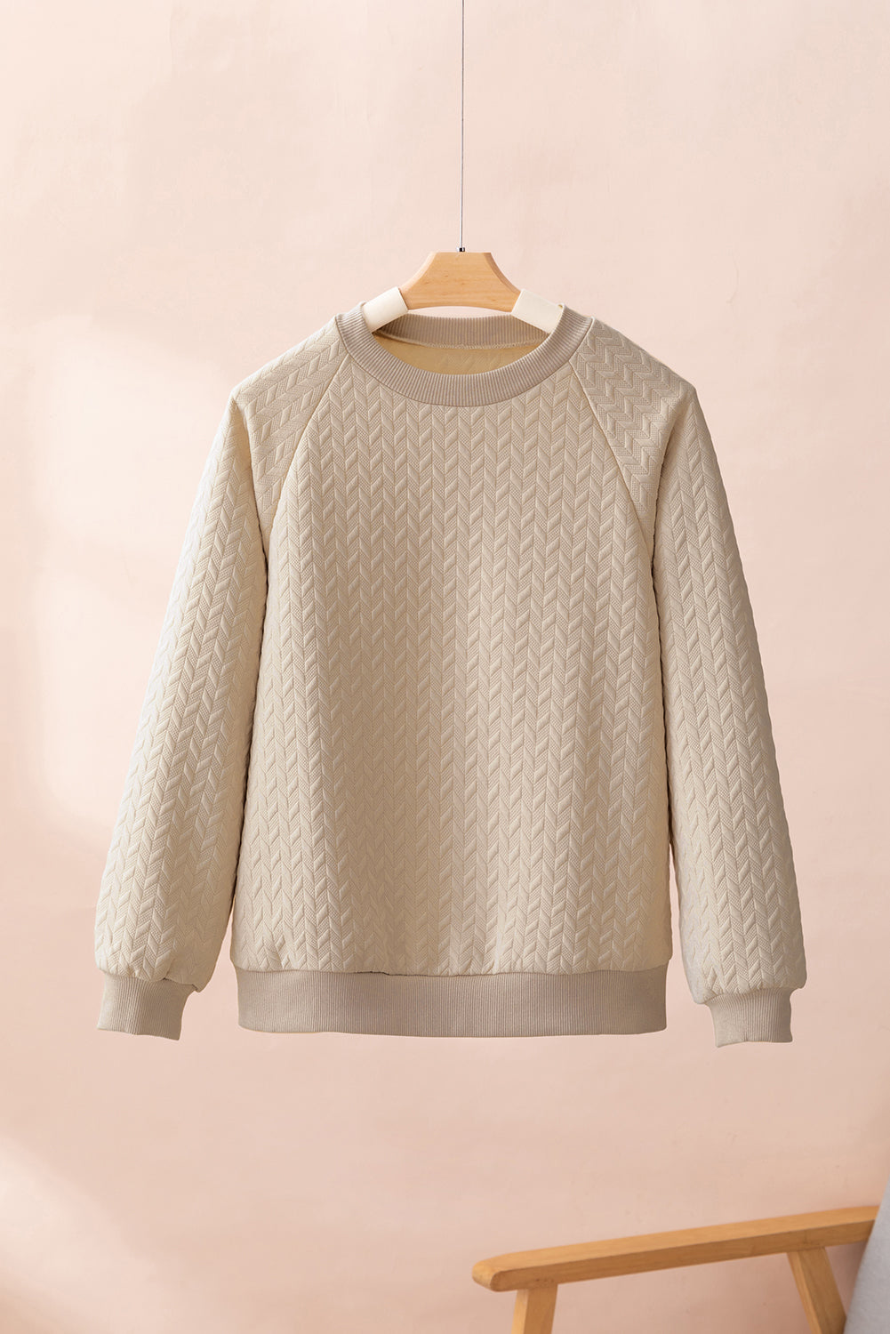 Beige Solid Color Textured Raglan Sleeve Pullover Sweatshirt