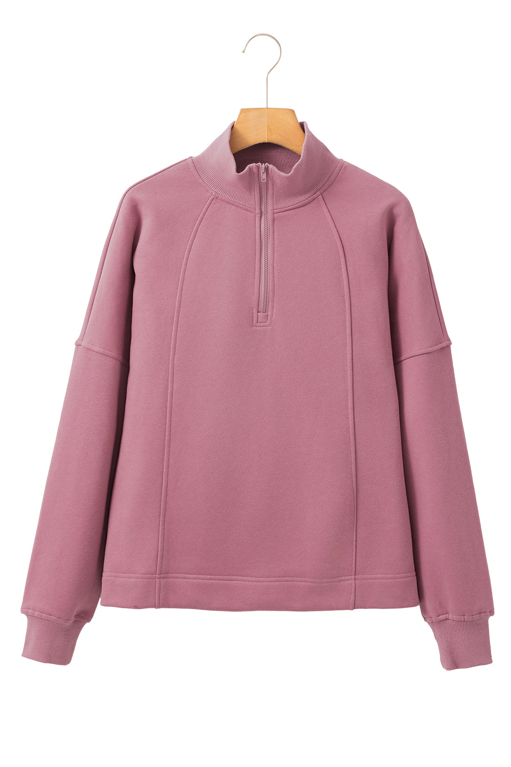 Fushia Zipper Collared Drop Shoulder Plain Sweatshirt