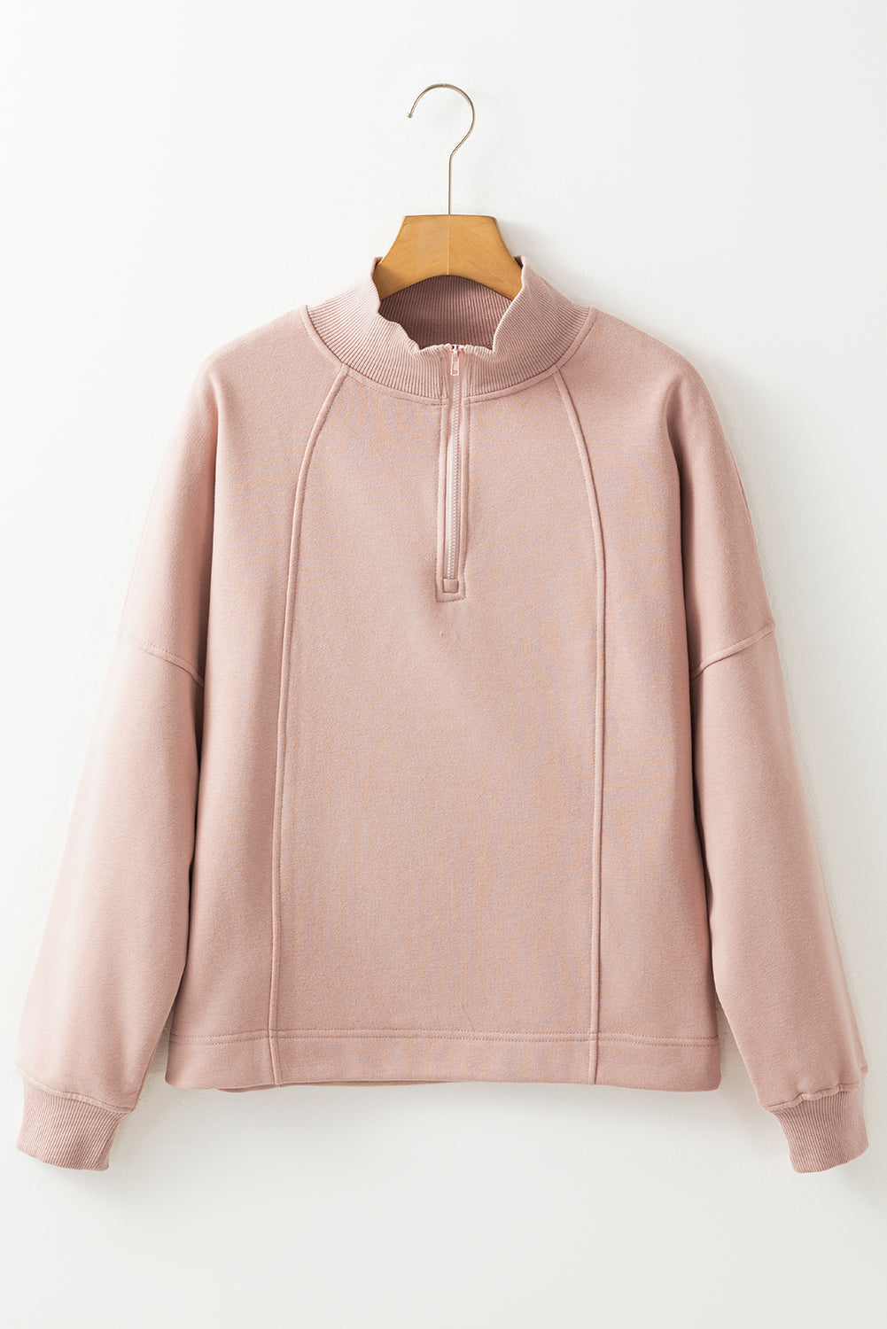 Fushia Zipper Collared Drop Shoulder Plain Sweatshirt