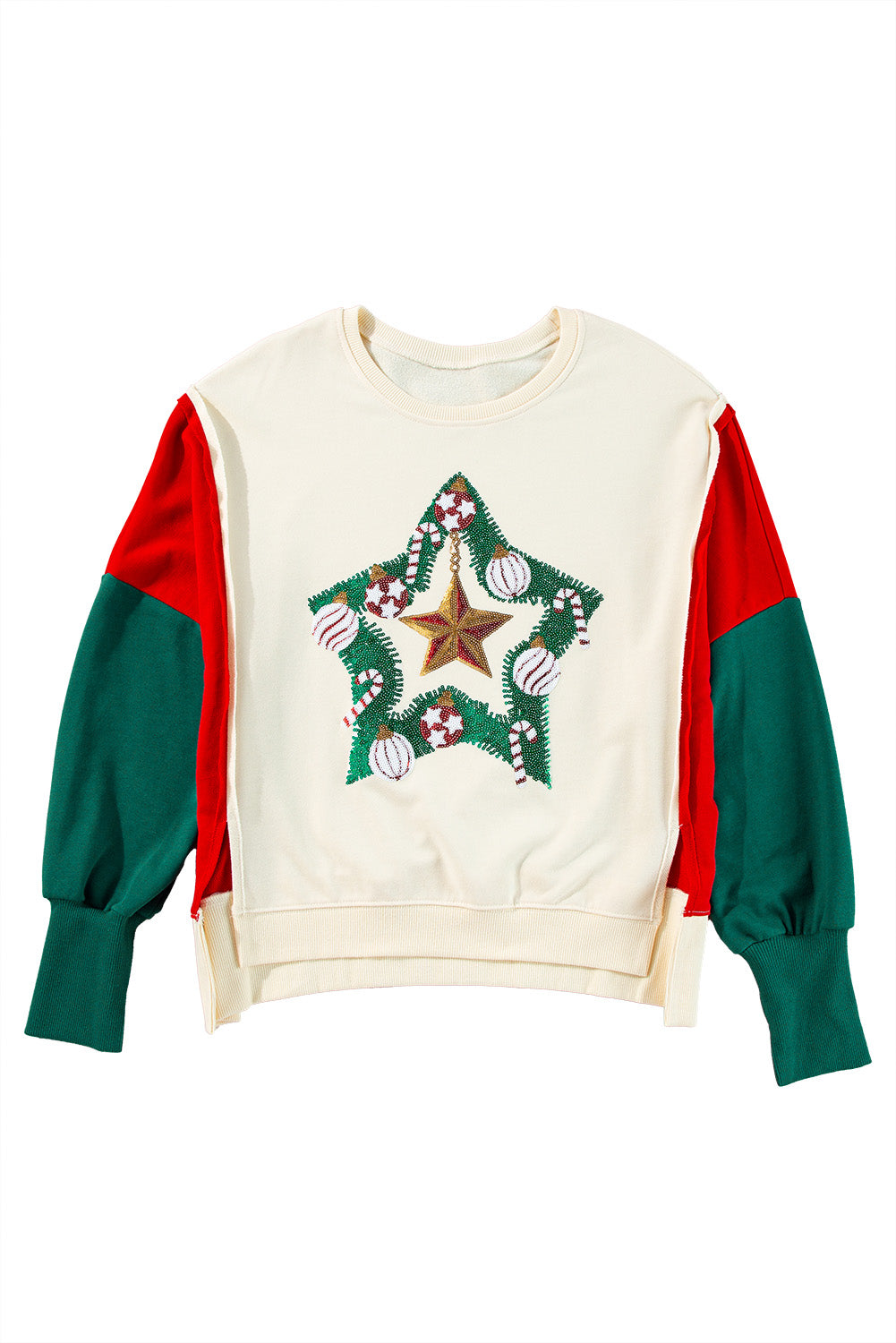 Apricot Sequin Christmas Star Color Block Sleeve Side Slits Sweatshirt