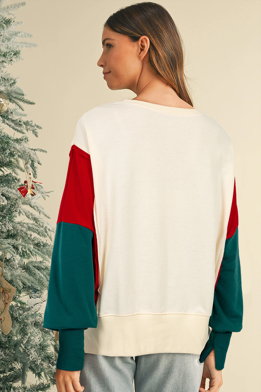 Apricot Sequin Christmas Star Color Block Sleeve Side Slits Sweatshirt