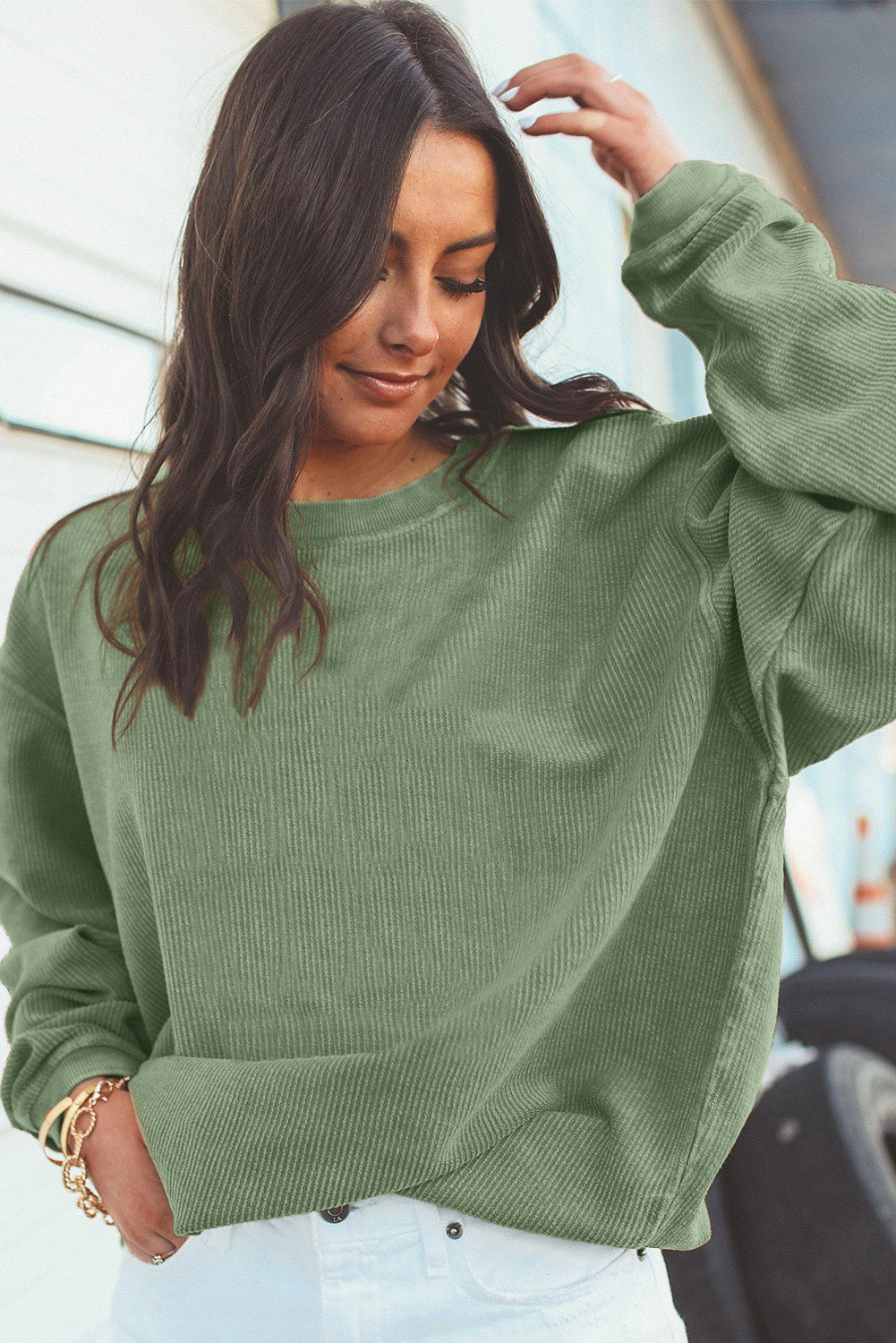 Grass Green Crinkle Rib Drop Shoulder Oversized Sweatshirt