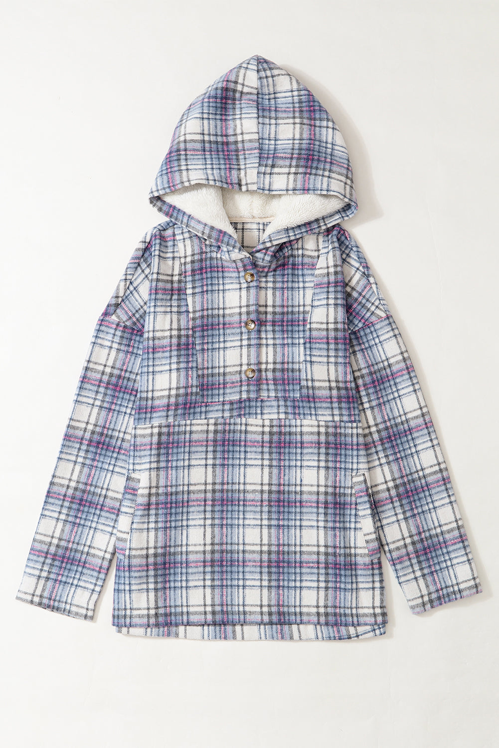 Khaki Plaid Button Neck Pocketed Pullover Hoodie