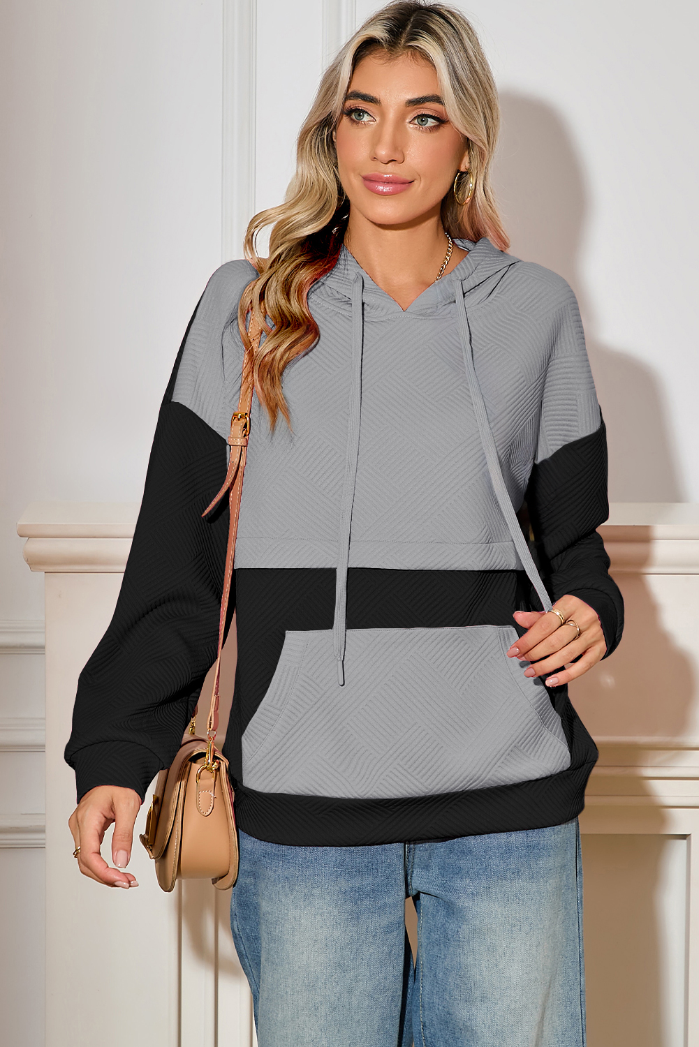 Gray Textured Patchwork Kangaroo Pocket Drop Shoulder Hoodie