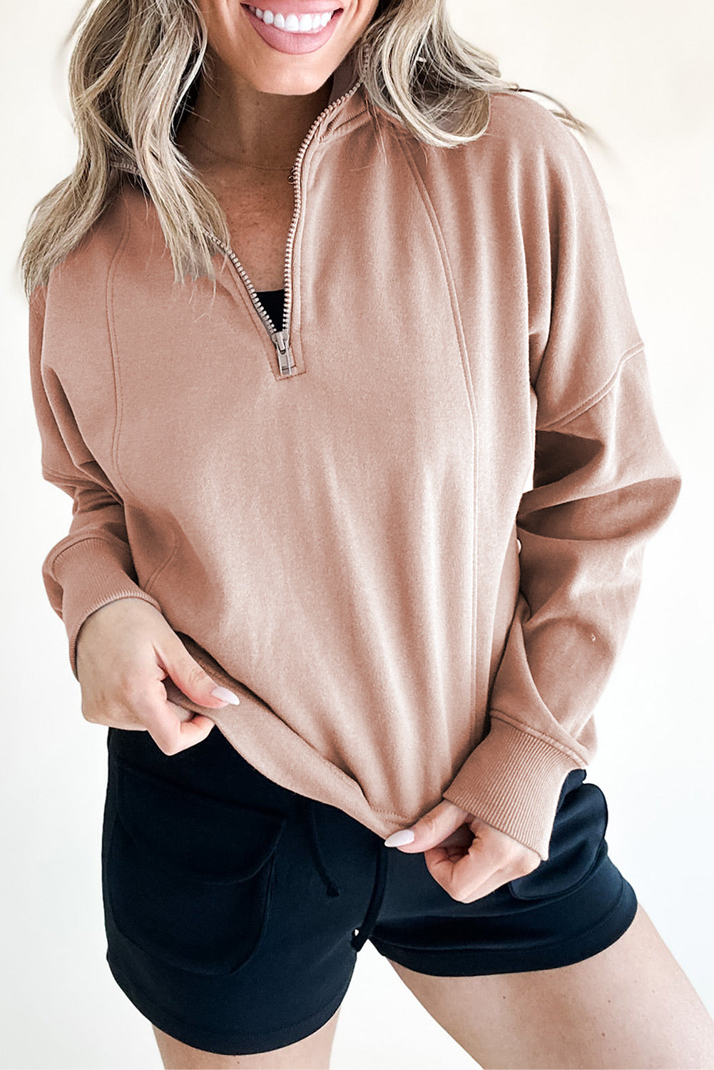 Fushia Zipper Collared Drop Shoulder Plain Sweatshirt