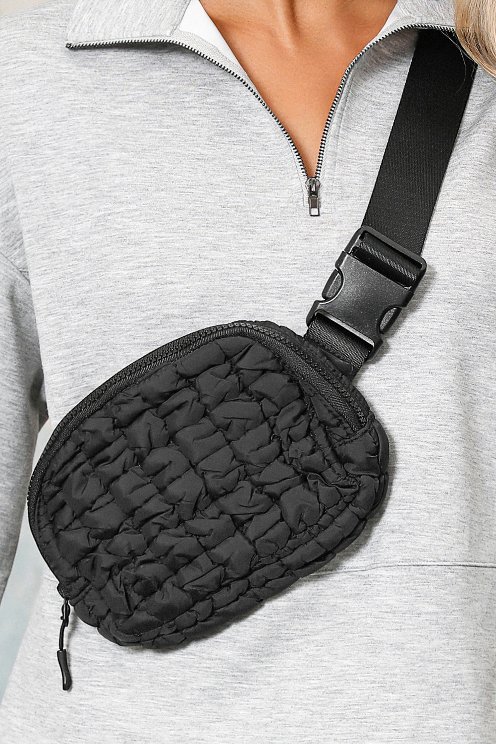 White Quilted Puffer Belt Zipper Crossbody Bags