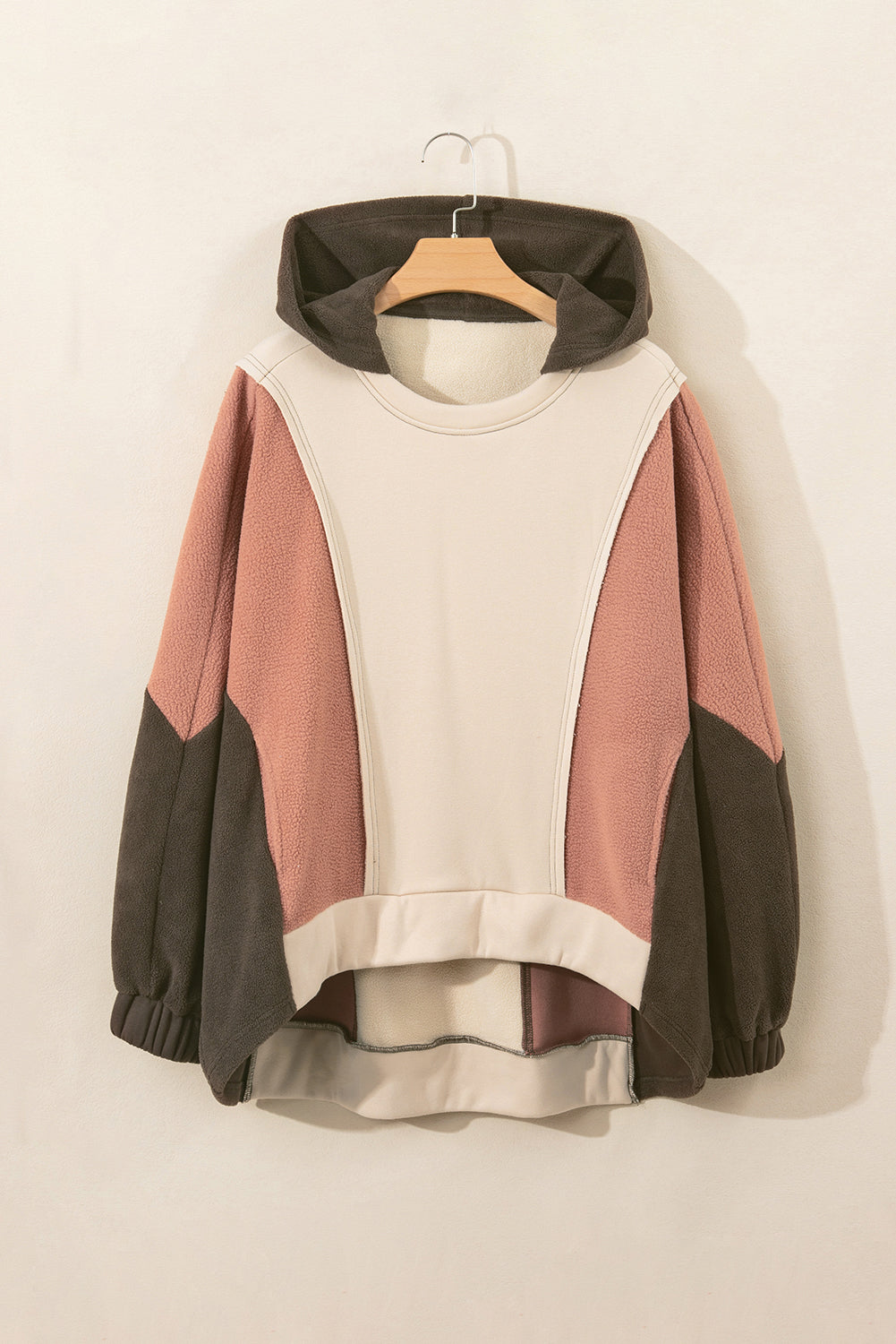 Beige Patchwork High Low Oversized Hoodie