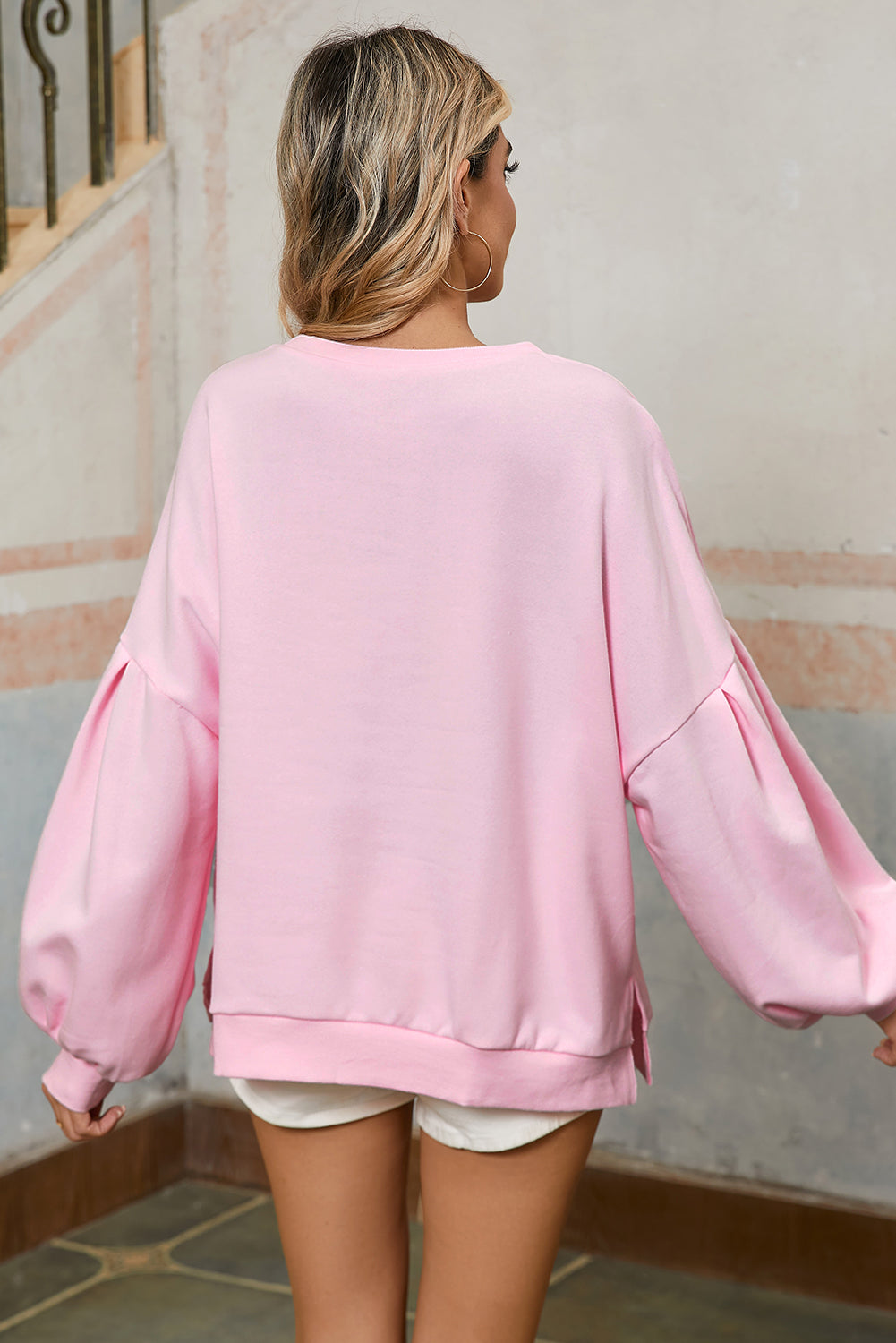 Parchment Sweet Bow Lantern Sleeve Oversized Pullover Sweatshirt