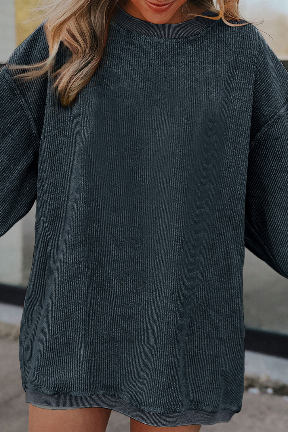 Grass Green Crinkle Rib Drop Shoulder Oversized Sweatshirt