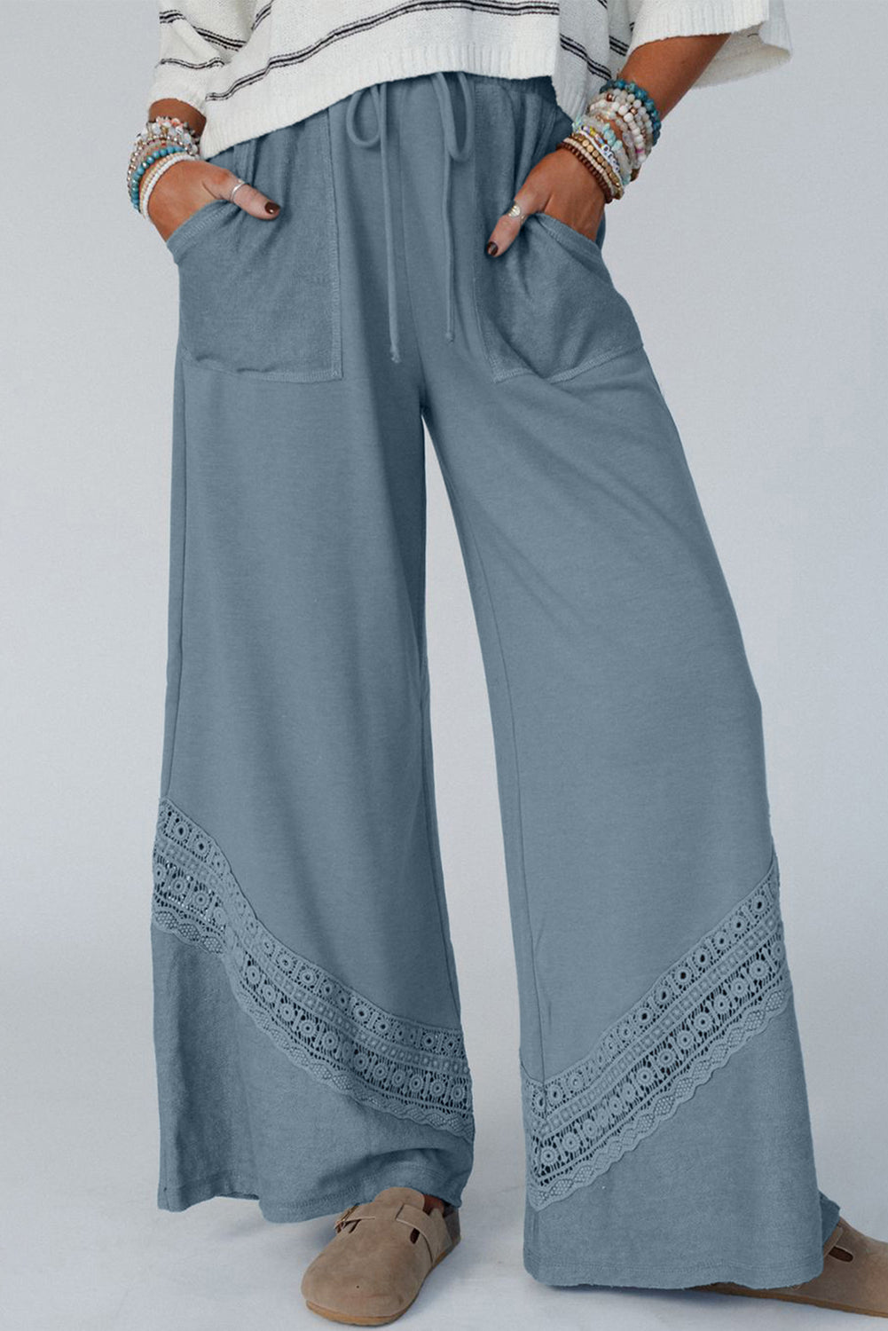 Dusk Blue Lace Crochet Patchwork Drawstring High Waist Wide Leg Pants