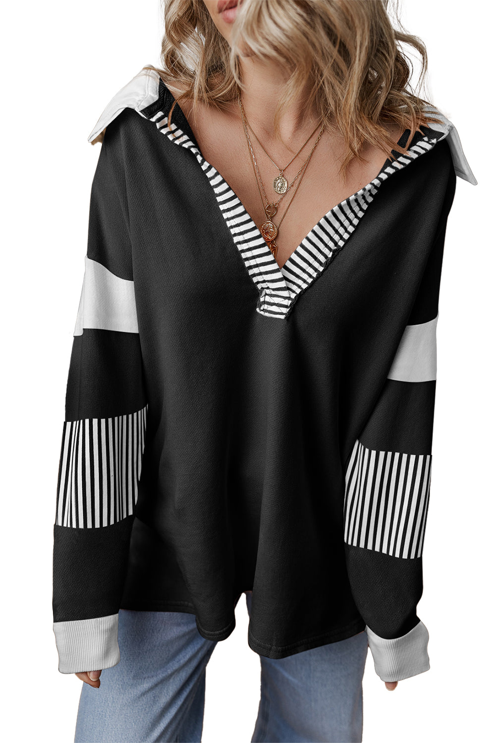 Dark Blue Striped Patchwork Collar Sweatshirt