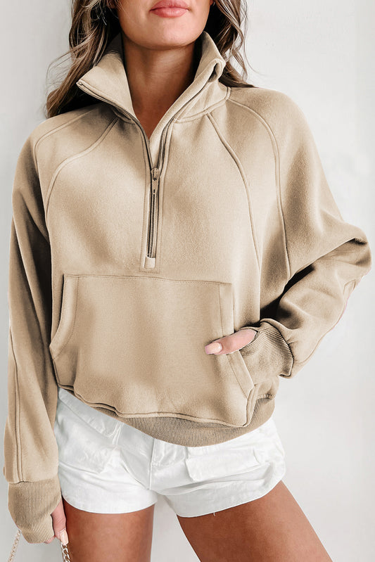 Parchment Zip Up Stand Collar Ribbed Thumbhole Sleeve Sweatshirt