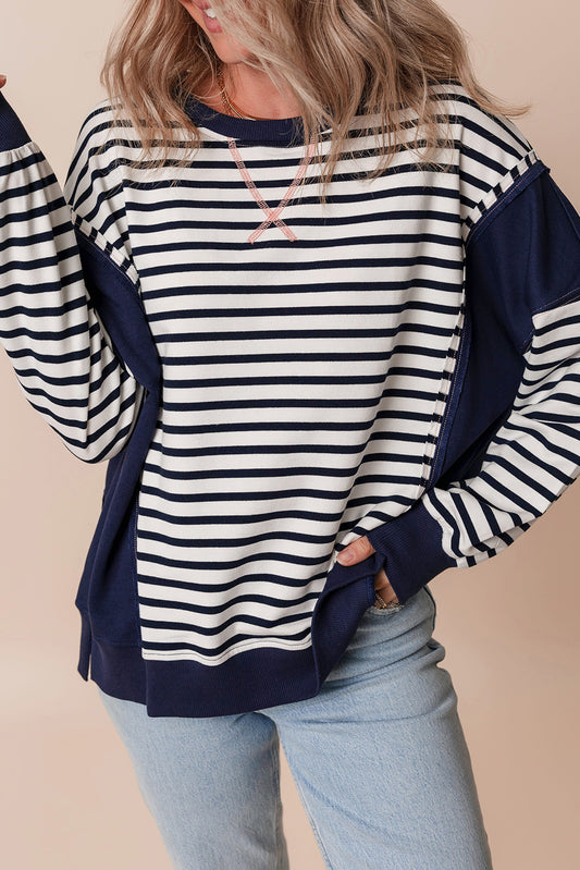 White Stripe Patchwork Exposed Seam Loose Fit Sweatshirt