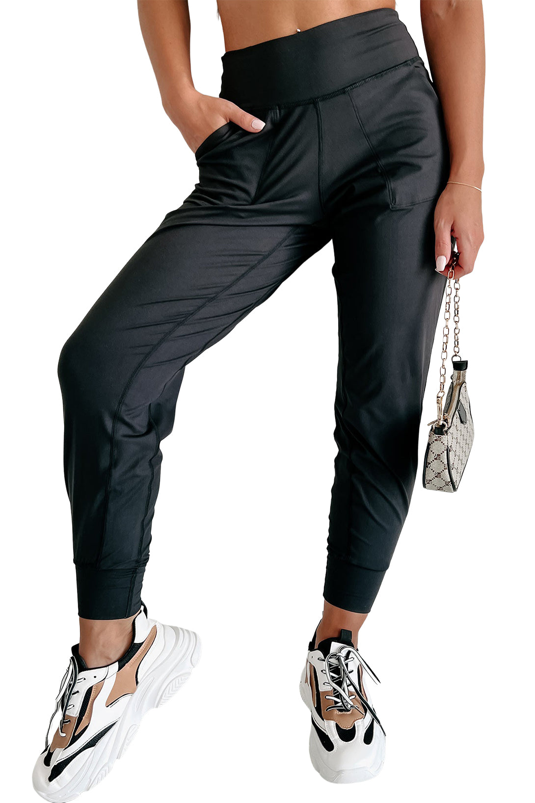 Black Exposed Seam High Waist Pocketed Joggers