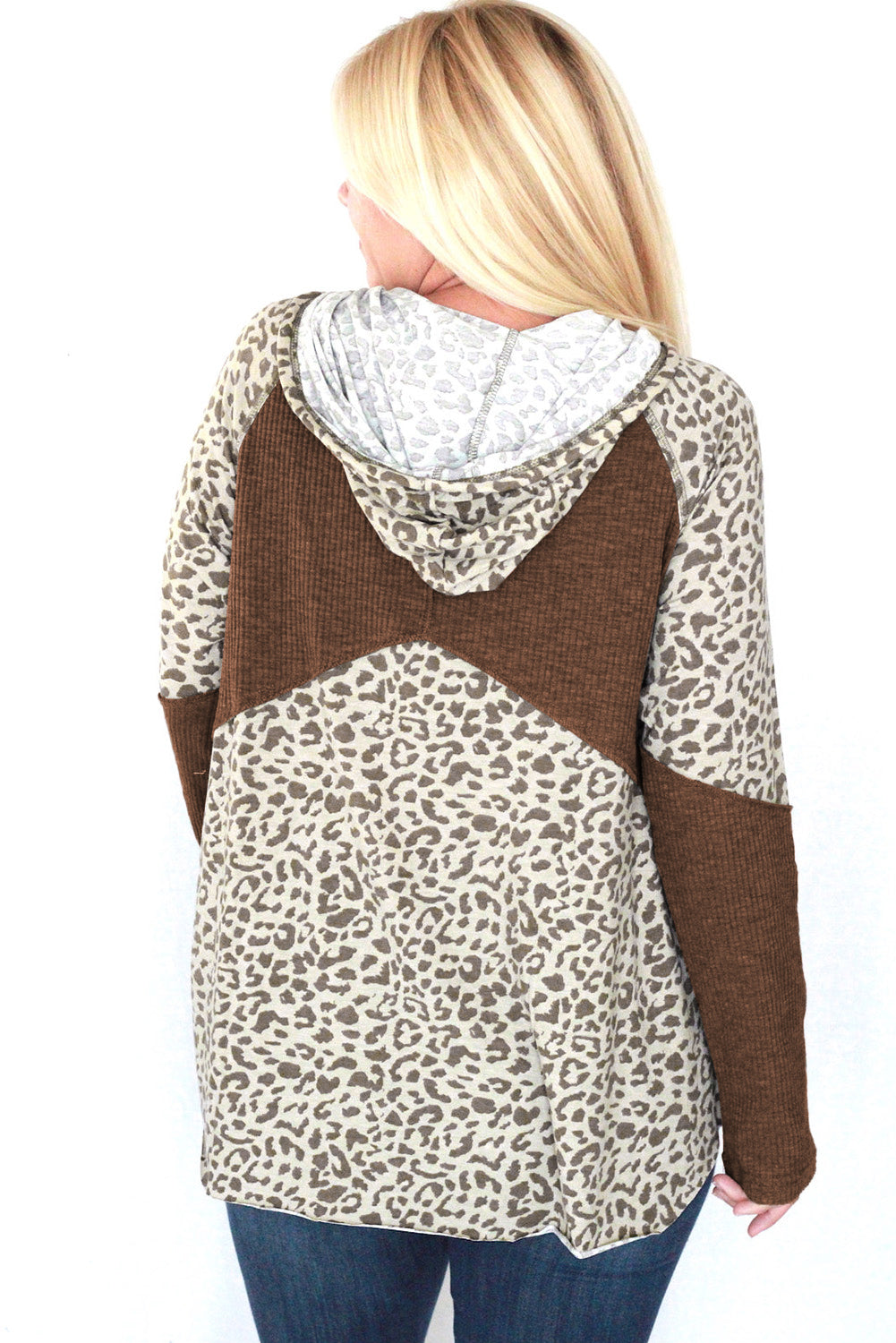 Leopard Ribbed Patchwork Kangaroo Pocket Henley Hoodie