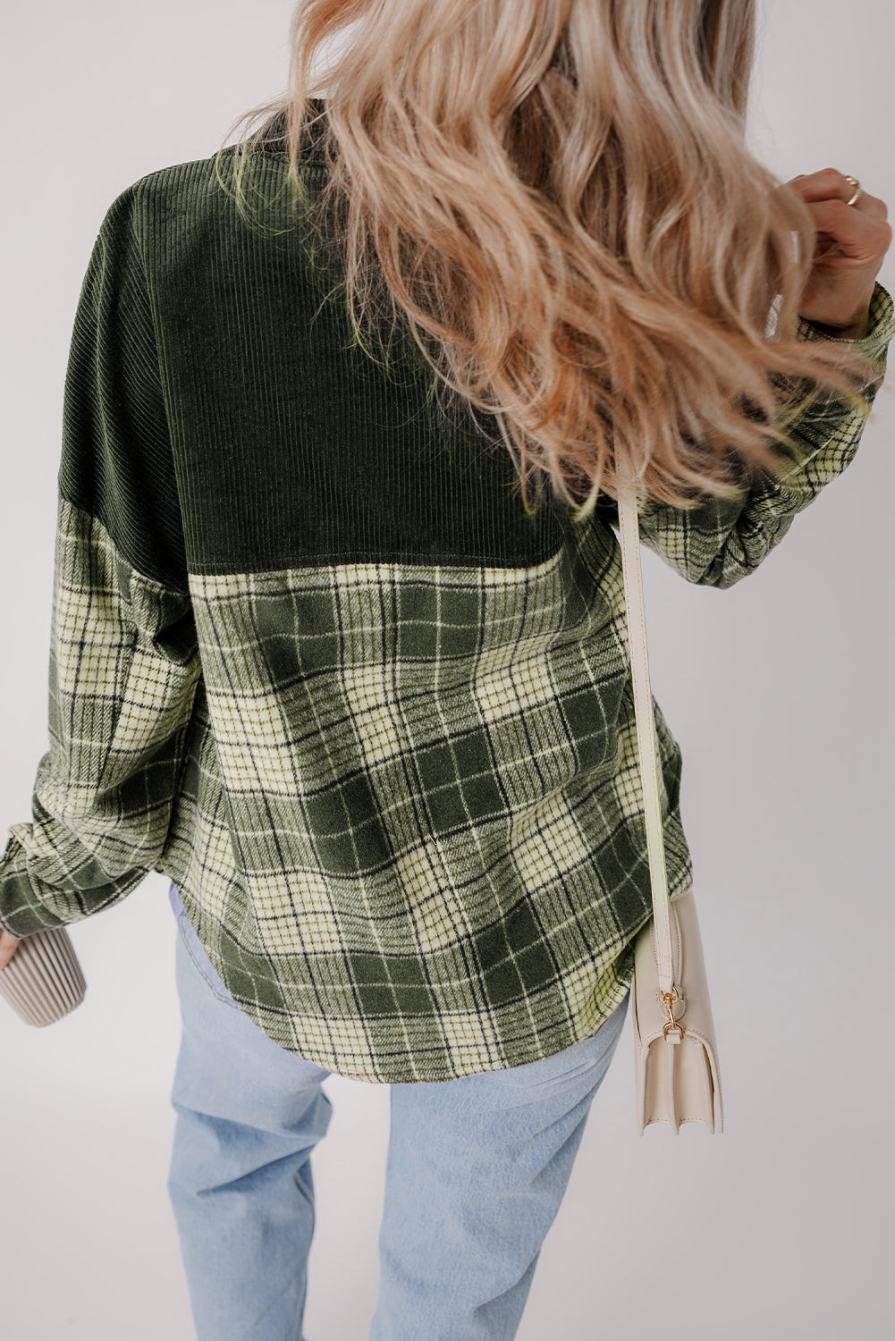 Blackish Green Snap Buttons Patchwork Plaid Shacket