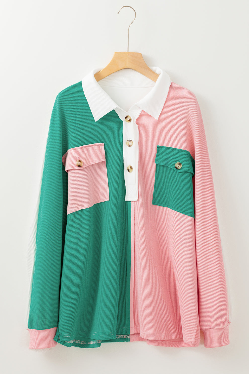 Pink Colorblock Patchwork Ribbed Oversized Sweatshirt