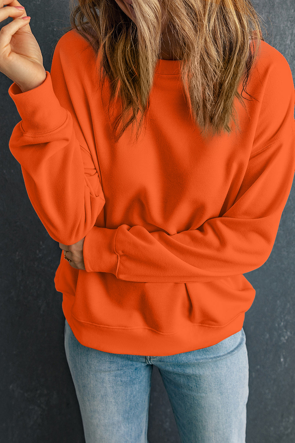 Orange Solid Color Classic Crewneck Pullover Sweatshirt