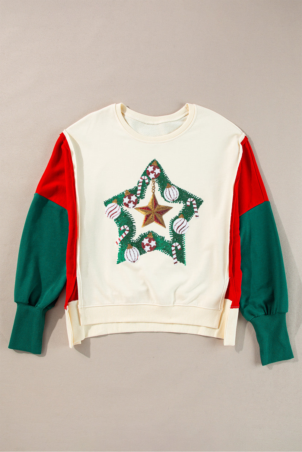 Apricot Sequin Christmas Star Color Block Sleeve Side Slits Sweatshirt