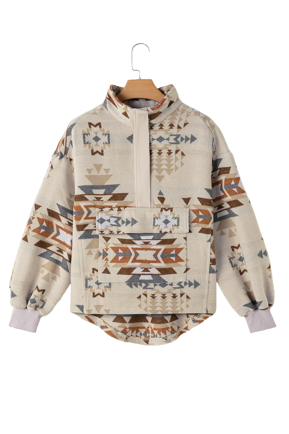 Apricot Geometric Print Collared Flap Pocket Sweatshirt