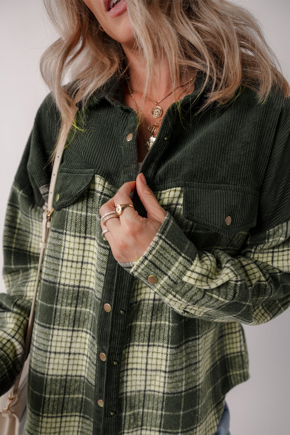 Blackish Green Snap Buttons Patchwork Plaid Shacket