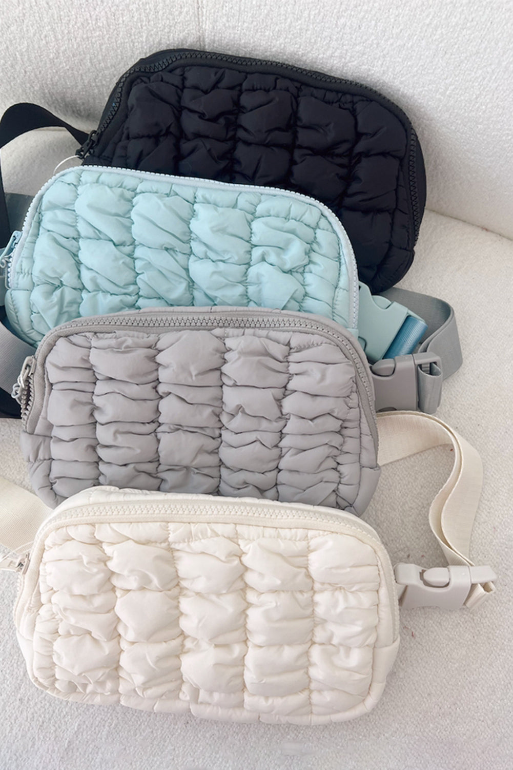 White Quilted Puffer Belt Zipper Crossbody Bags