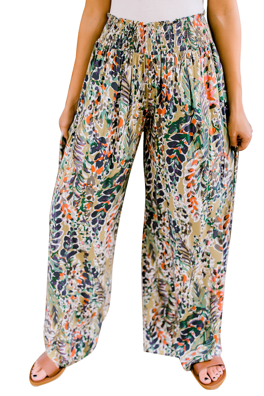 Multicolor Abstract Print Shirred High Waist Wide Leg Pants