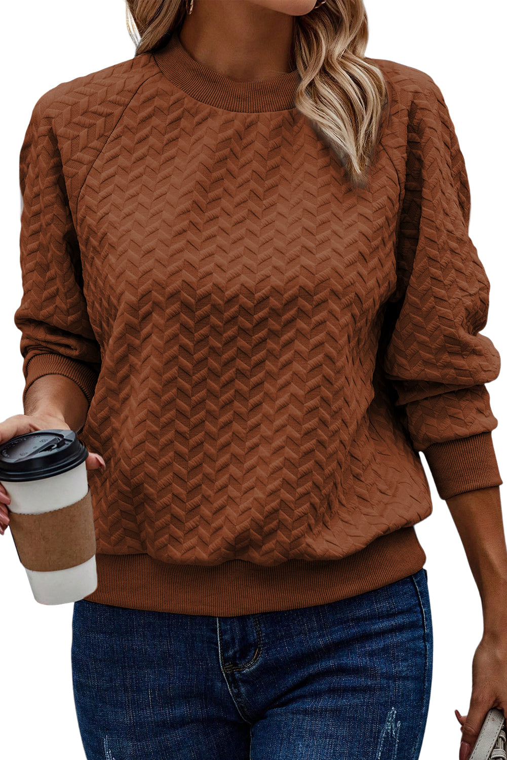 Beige Solid Color Textured Raglan Sleeve Pullover Sweatshirt