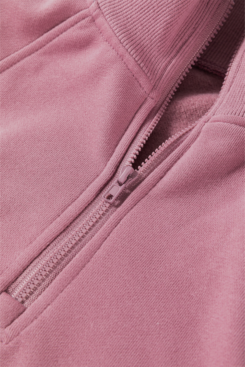 Fushia Zipper Collared Drop Shoulder Plain Sweatshirt